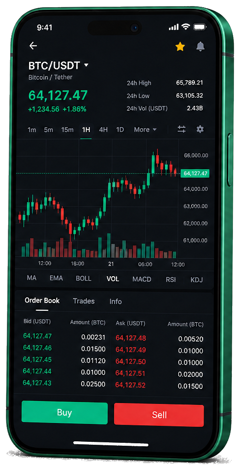 Mobiel handelsplatform van Altvecto — live BTC/USDT-grafiek met orderboek en koop- en verkoopfuncties